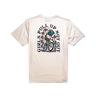 Beige t-shirt with graphic design and text on a white background