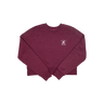 Maroon sweatshirt with a small white logo on a white background