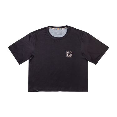 Black t-shirt with a logo on the chest against a white background