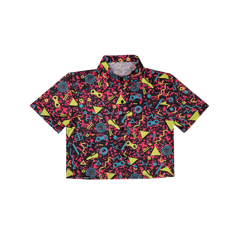 button up shirt with a pink, yellow and blue geometric pattern on a white background