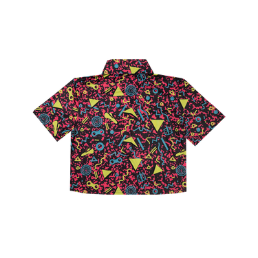 button up shirt with a pink, yellow and blue geometric pattern on a white background