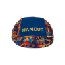 Blue cap with colorful pattern and 'HANDUP' text on a white background