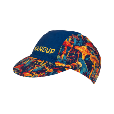 Colorful cap with mushroom design and 'Handup' branding on a white background