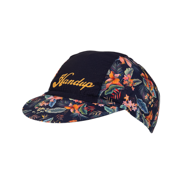 Navy cap with floral pattern and 'Handup' text on a white background