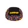 Black cap with colorful pattern and 'HANDUP' text on a white background
