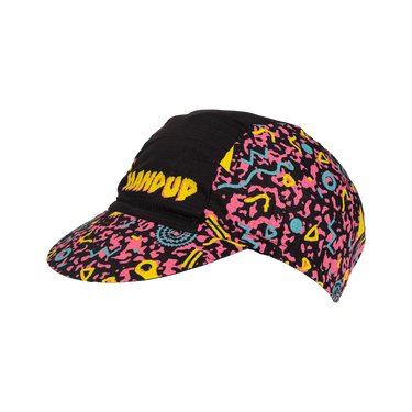 Colorful cap with abstract pattern and 'Hand Up' text on a white background