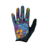 A multicolored floral pattern glove designed for biking, with black grip on the palm and brand logo 'HANDUP' on the back.