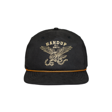 Black cap with gold 'Handup' logo on a white background