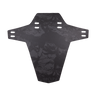 A black metal bicycle frame protector plate with a subtle dark gray mountain camouflage pattern, featuring mounting holes and the HANDUP brand logo at the bottom, shown on a solid white background.