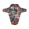 Colorful motorcycle fender with mushroom and skull design on a white background