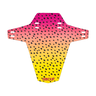A protective bicycle helmet pad by BANDUP, featuring a vibrant pink, orange, and yellow gradient with a black spotted pattern, shown on a solid white background.