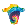 Tie-dye fender with colorful spiral pattern on a white background