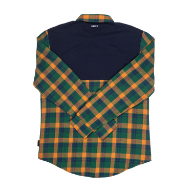 Plaid shirt with green and orange pattern on a white background