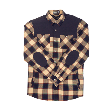 Plaid shirt with navy and beige pattern on a white background