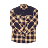 Plaid shirt with navy and beige pattern on a white background