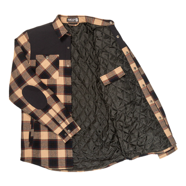 Flannel shirt with quilted black lining on a white background