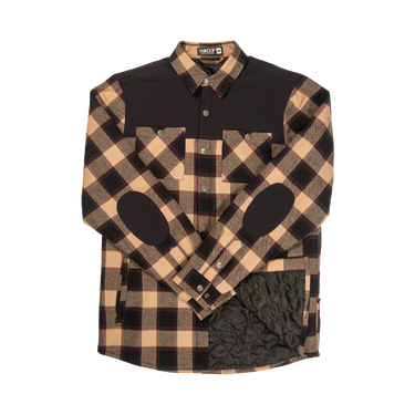 Plaid shirt with black and beige pattern on a white background