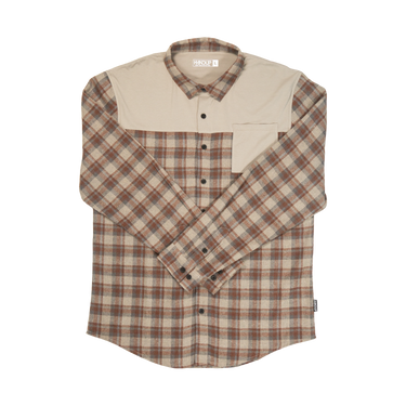 Plaid shirt with beige collar and brown plaid body on a white background