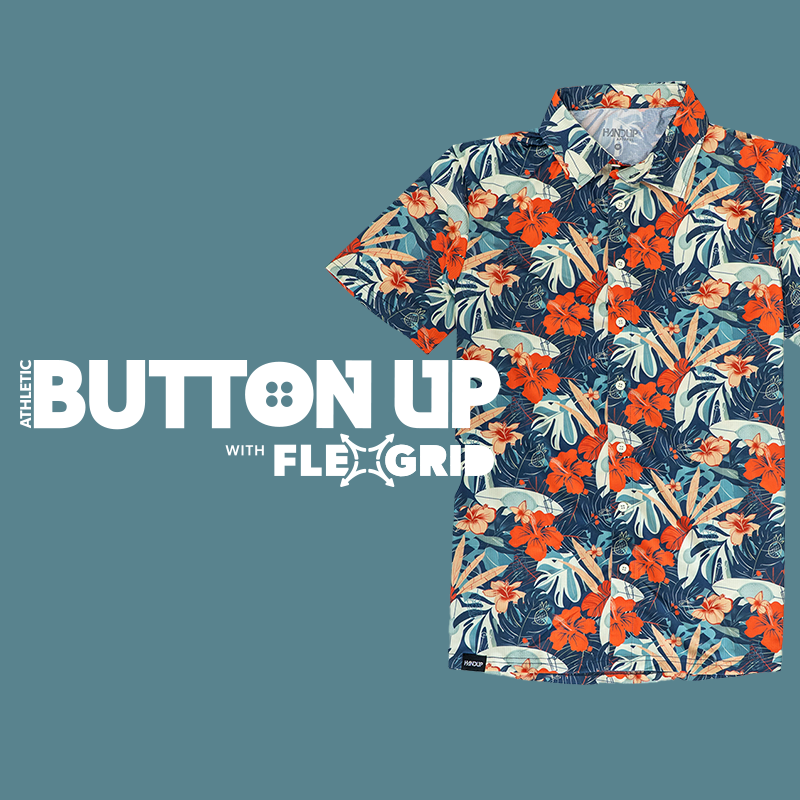 Floral patterned button-up shirt with 'Button Up with Flex Grip' text on a blue background