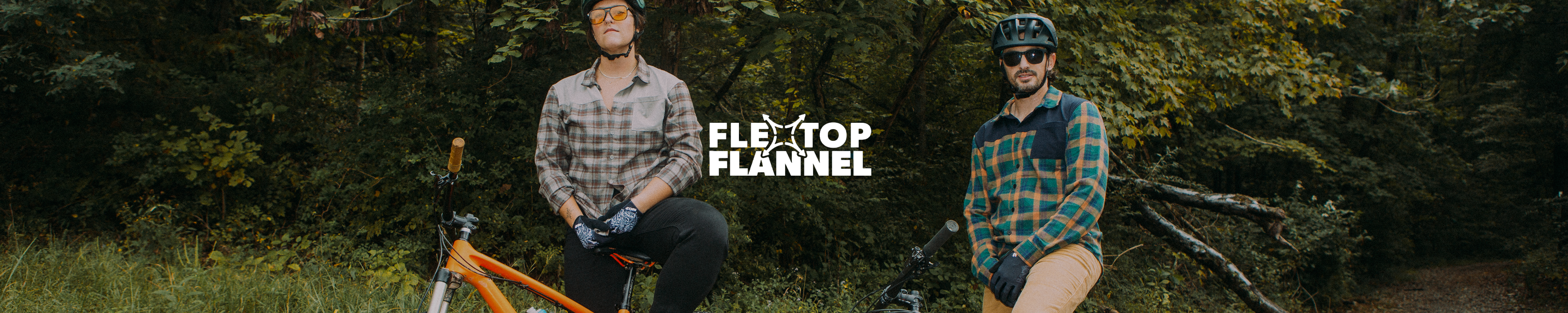 Two people with bicycles in a forest setting, promoting 'Flex Top Flannel'.
