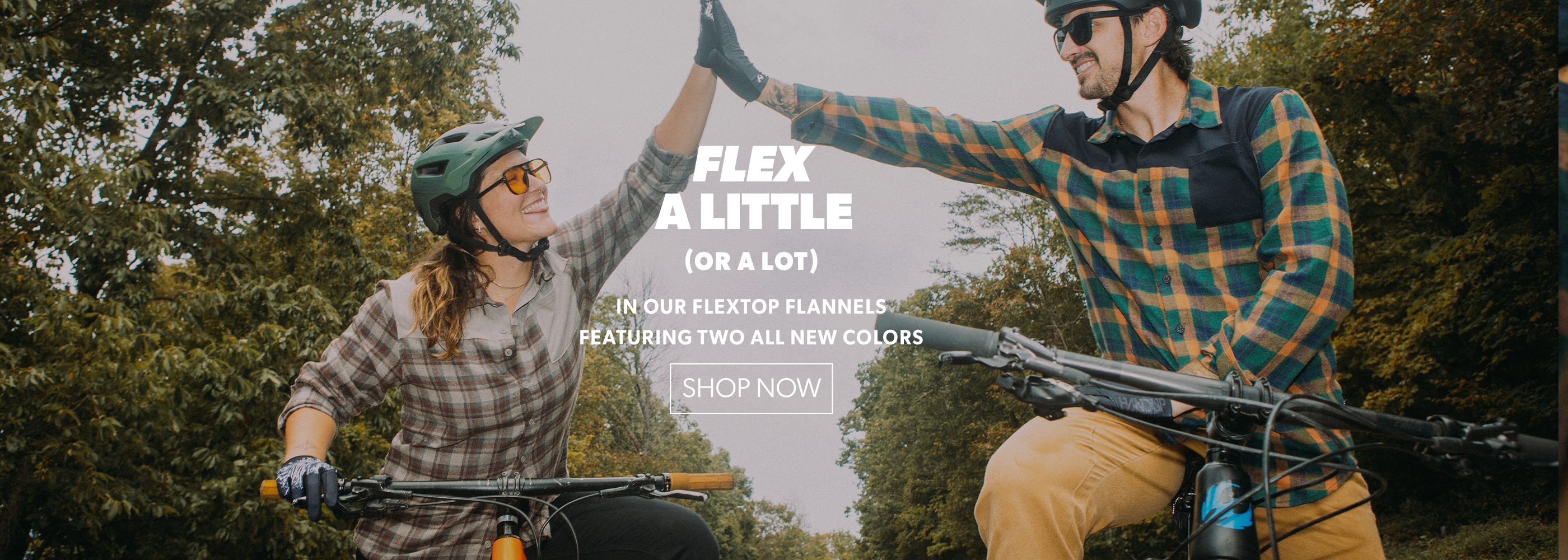 Two people on bicycles with promotional text overlay