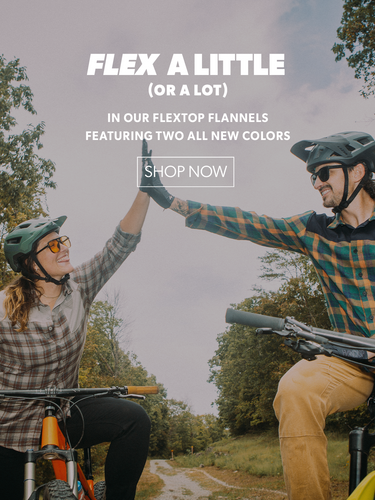 Two people on bicycles in a forest with text promoting Flex Top Flannels.