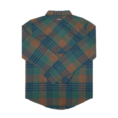 A long-sleeve plaid flannel shirt in green, brown, and blue, folded neatly on a solid white background.