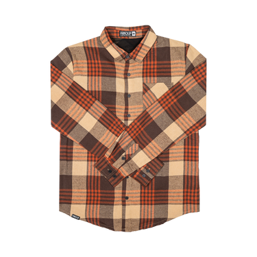 A long-sleeve button-up flannel shirt featuring a classic plaid pattern in brown, orange, and beige, laid flat against a solid white background.