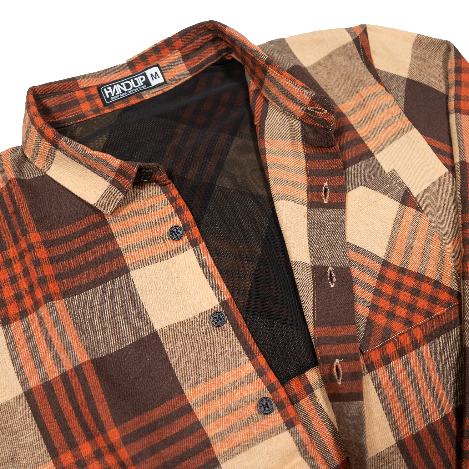 A close-up of a plaid button-up shirt laid flat on a white background, showing the collar, front plaid pattern, chest pocket, and interior mesh lining. 