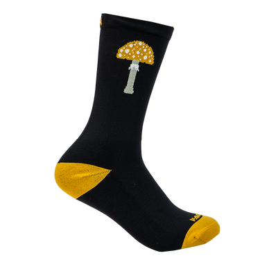 Black sock with a yellow mushroom design on a white background