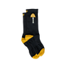 Black socks with yellow accents and a mushroom design on a white background