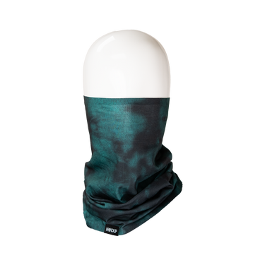 A dark teal and black tie-dye neck gaiter or balaclava displayed on a white mannequin head against a plain white background. A small black brand tag reading 'HANDUP' is visible at the bottom edge.