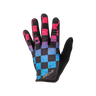 Glove with black, pink, and blue checkered pattern on a white background