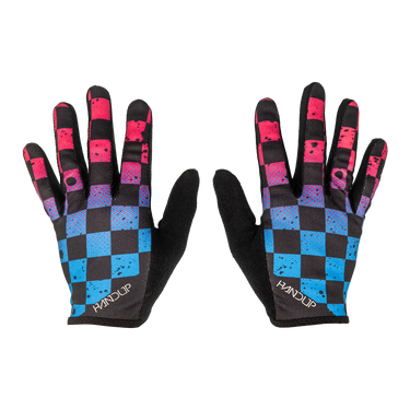 Pair of gloves with a checkered pattern in black, pink, and blue on a white background.