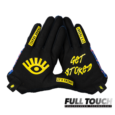 Black gloves with yellow text and graphics on a white background