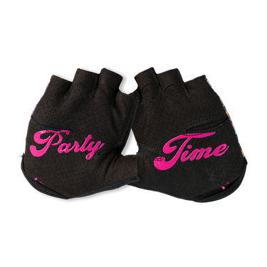 Black gloves with pink 'Party Time' text on a white background