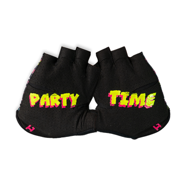 Black gloves with 'PARTY TIME' text in bright colors on a white background