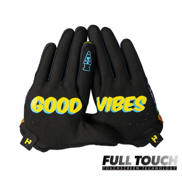 Black gloves with 'Good Vibes' text on a white background