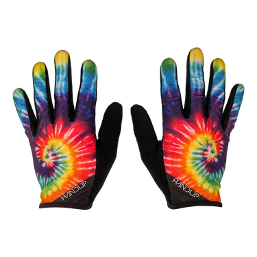 Pair of tie-dye gloves with black accents on a white background