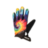 A single HANDUP brand glove featuring a vibrant rainbow tie-dye spiral pattern on the back of the hand, with black palms and wrist strap.