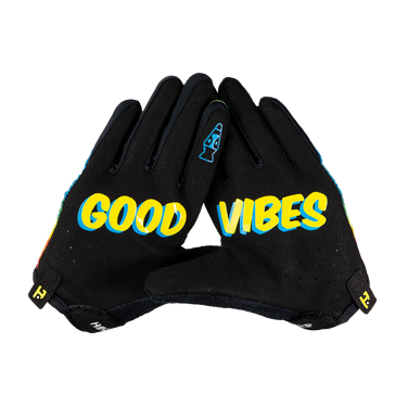 Black gloves with 'GOOD VIBES' text on a white background
