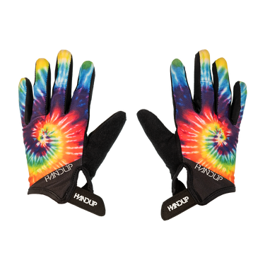 Pair of tie-dye gloves with black accents on a white background