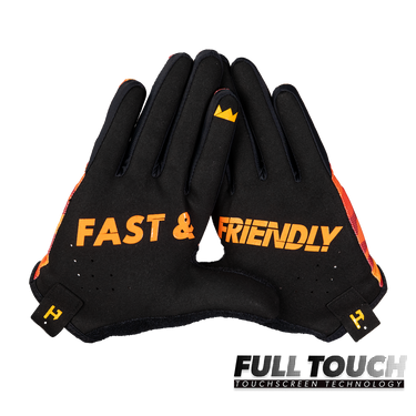 Black gloves with 'FAST & FRIENDLY' text and touchscreen technology label on a white background