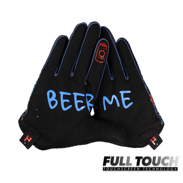 Black glove with 'BEER ME' text on a white background, featuring Full Touch touchscreen technology branding.