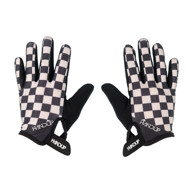 A pair of HANDUP brand racing gloves featuring a black and white checkerboard pattern on the back of the hand and solid black palms, shown against a plain white background.