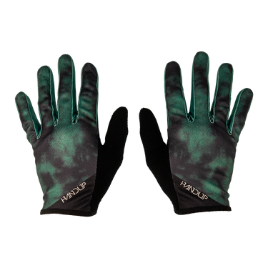 Pair of black and green gloves with 'Handup' branding on a white background