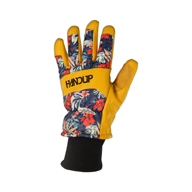 Glove with floral pattern and yellow accents on a white background