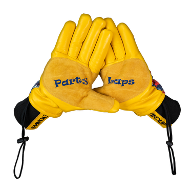 Yellow racing gloves with 'Partys' and 'Laps' text on a white background