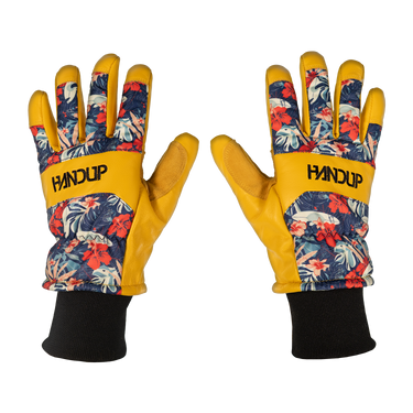 Pair of winter gloves with floral pattern and yellow accents on a white background