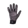 A single dark gray and black camouflage winter glove shown flat against a solid white background, featuring a black wrist strap with a debossed brand logo.